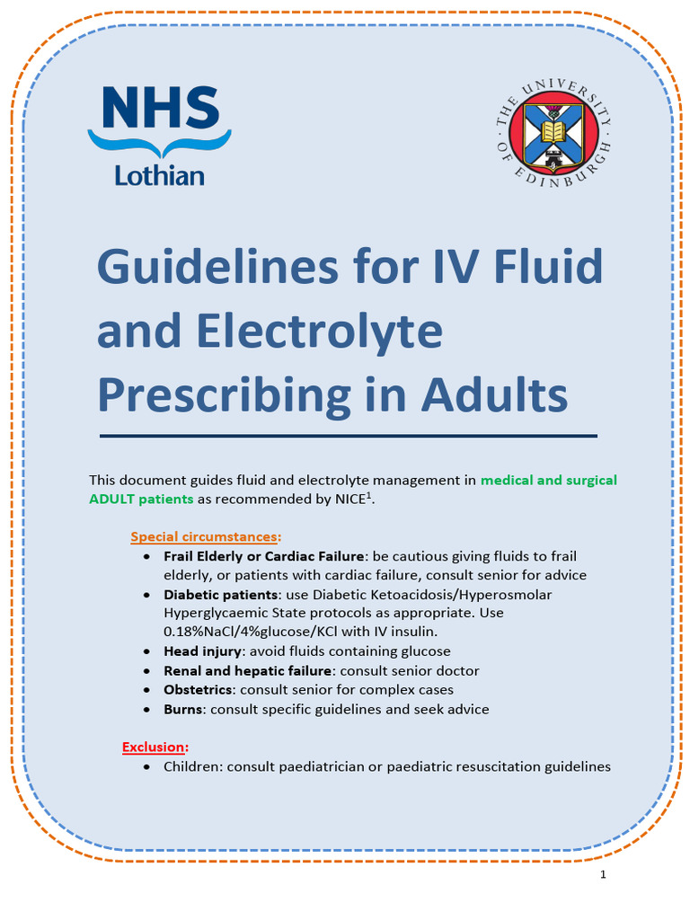 Quick Reference Guideline For IV Fluid and Electrolyte Prescribing in