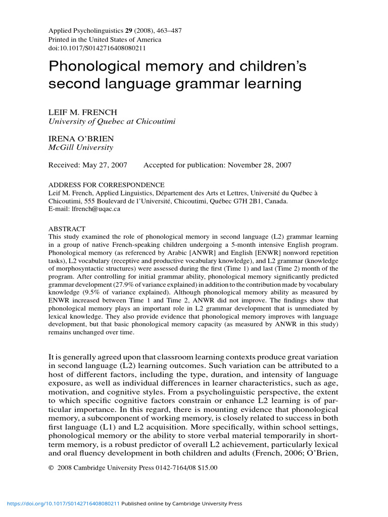 Phonological Memory in L2 Grammar Learning | PDF | Second Language | Memory