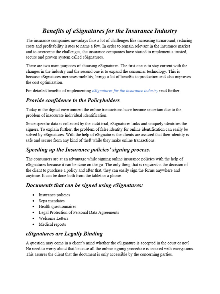 Benefits of Esignatures For The Insurance Industry | PDF | Insurance ...