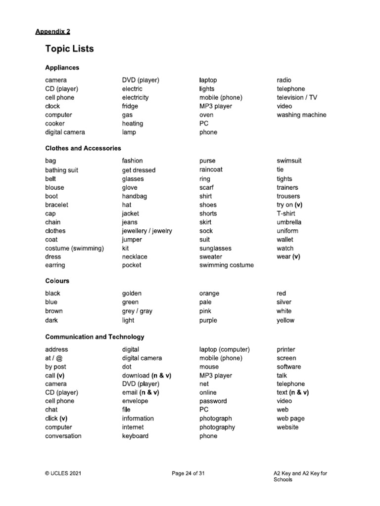 Vocab list a2 key test pdf
