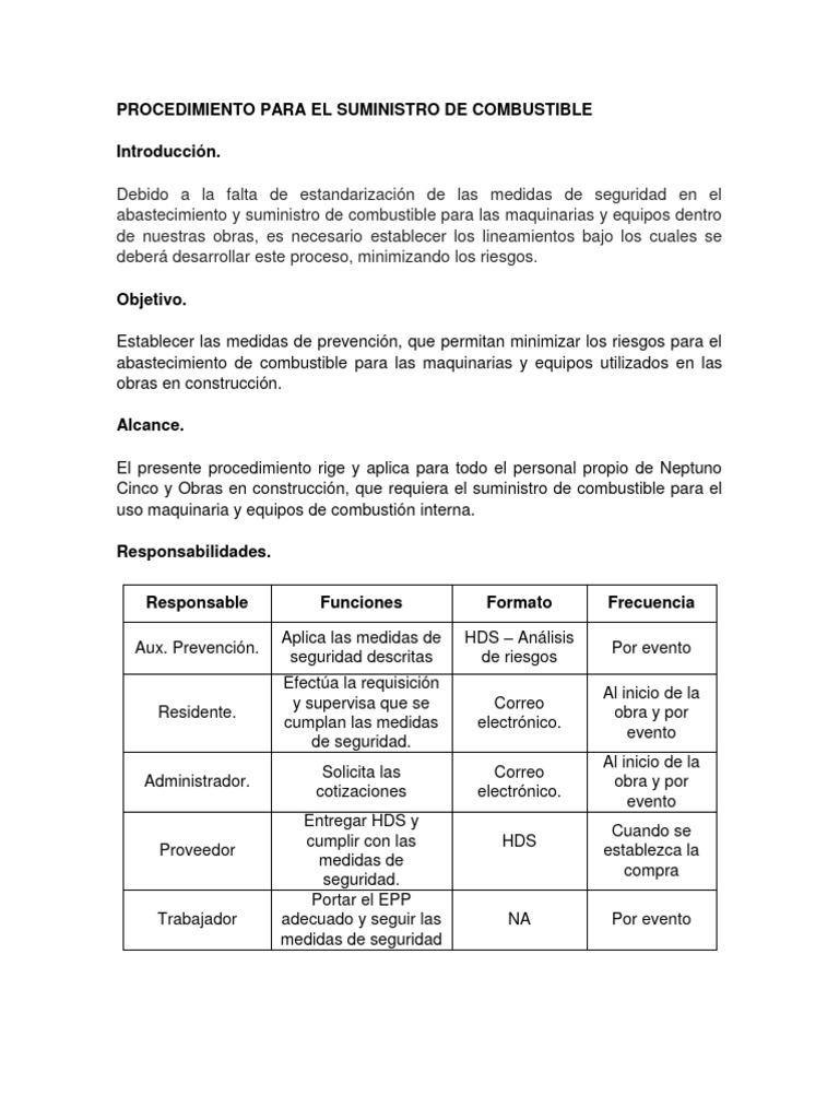 Procedimiento para El Suministro de Combustible | PDF | Residuos ...