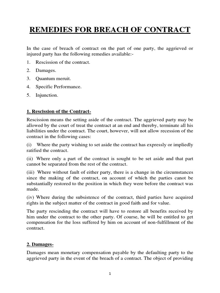 Remedies For Breach Of Contract Notes Pdf Damages Breach Of Contract