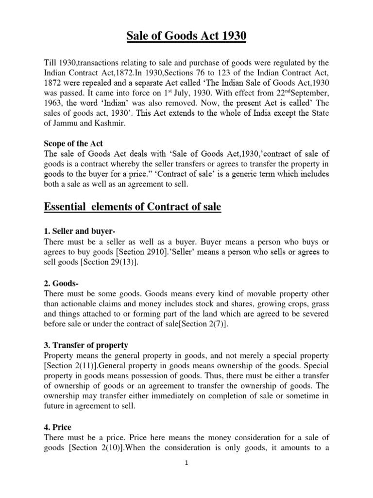Sale of Goods Act, 1930Notes PDF Breach Of Contract Implied Warranty