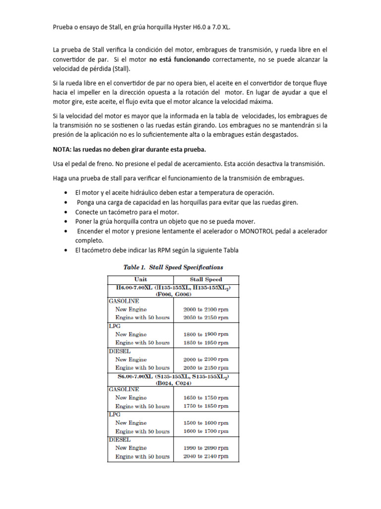 Prueba de Stall en Grúa Hyster H6.0-7.0 XL | PDF | Embrague | Máquinas