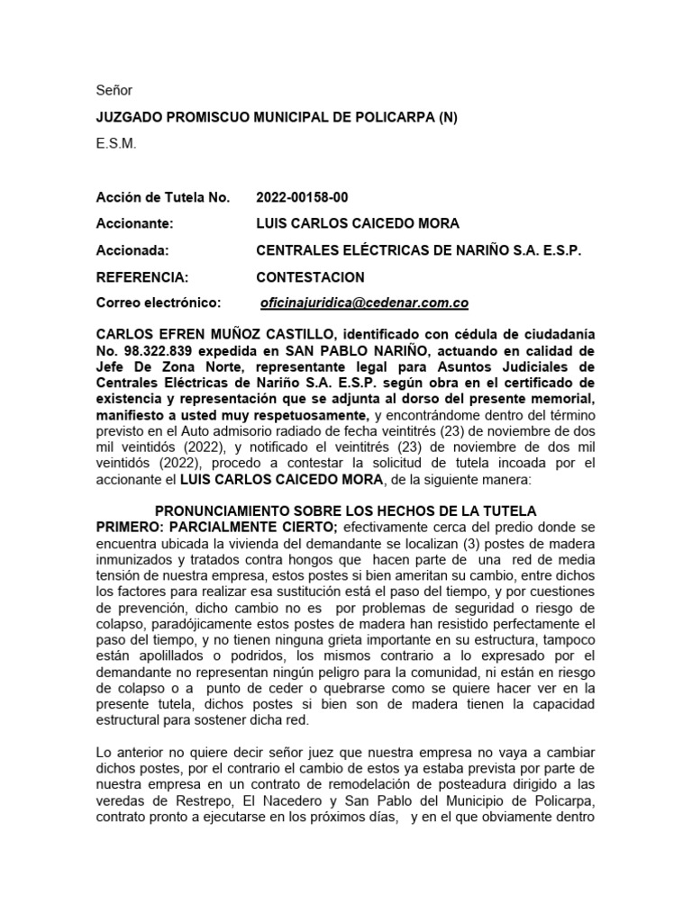 Contestación de Tutela por Postes Eléctricos | PDF | Justicia | Crimen ...