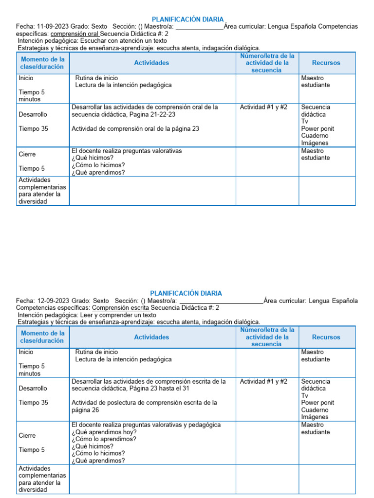 Planificación de Lengua Española Sexto Grado | PDF | Enseñando ...
