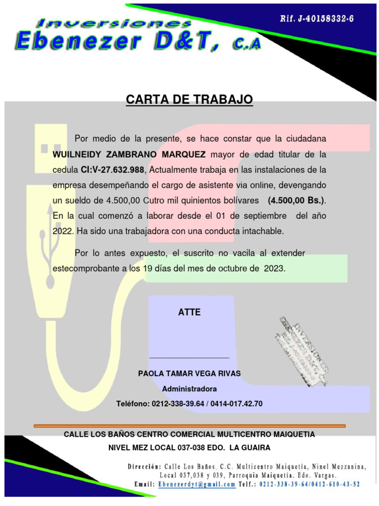 Carta de trabajo pdf