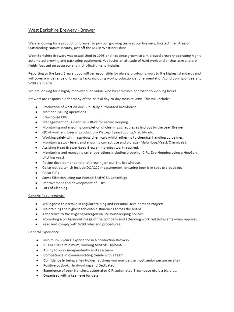 Brewer Job Description Download Free PDF Brewing Brewery