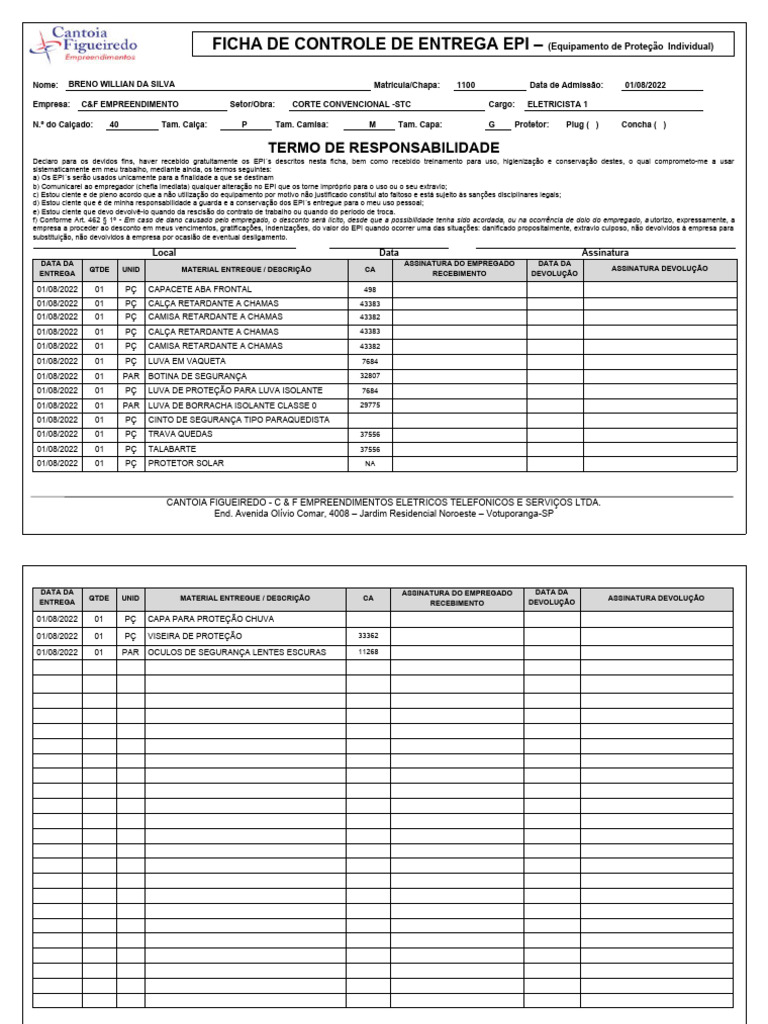 Ficha de Controle de Entrega de EPI | PDF | Lei das Obrigações ...
