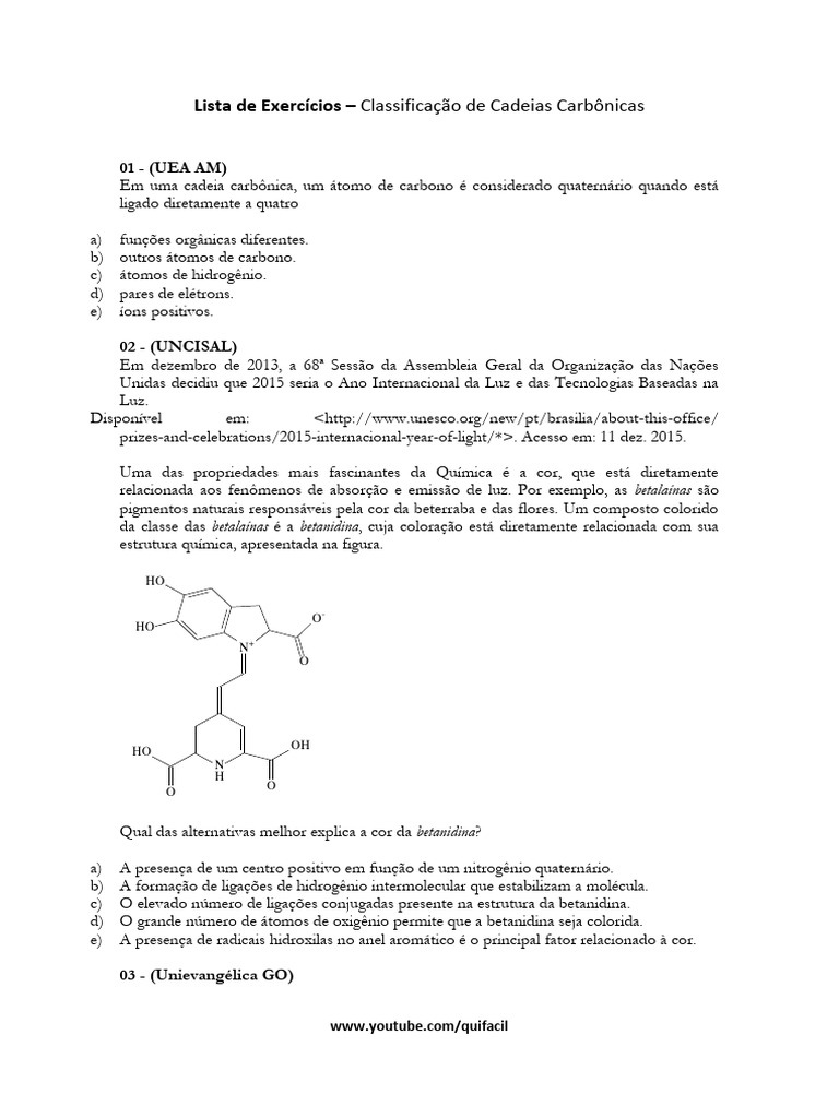 Exercícios sobre Cadeias Carbônicas | PDF | Química | Aromaticidade