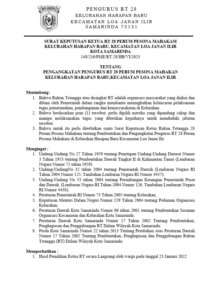 SK Pengurus RT 28 Perum Pesona Mahakam | PDF