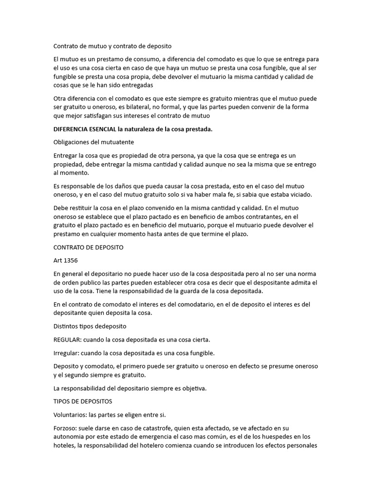 Contrato de Mutuo y de Deposito | PDF | Ley de obligaciones ...