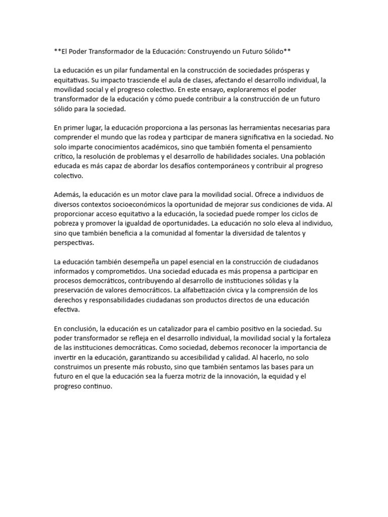 El Poder Transformador De La Educación Construyendo Un Futuro Sólido Pdf