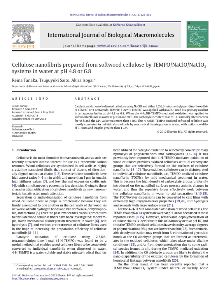 Cellulose Nanofibrils Prepared From Softwood Cellulose by TEMPO - NaClO ...