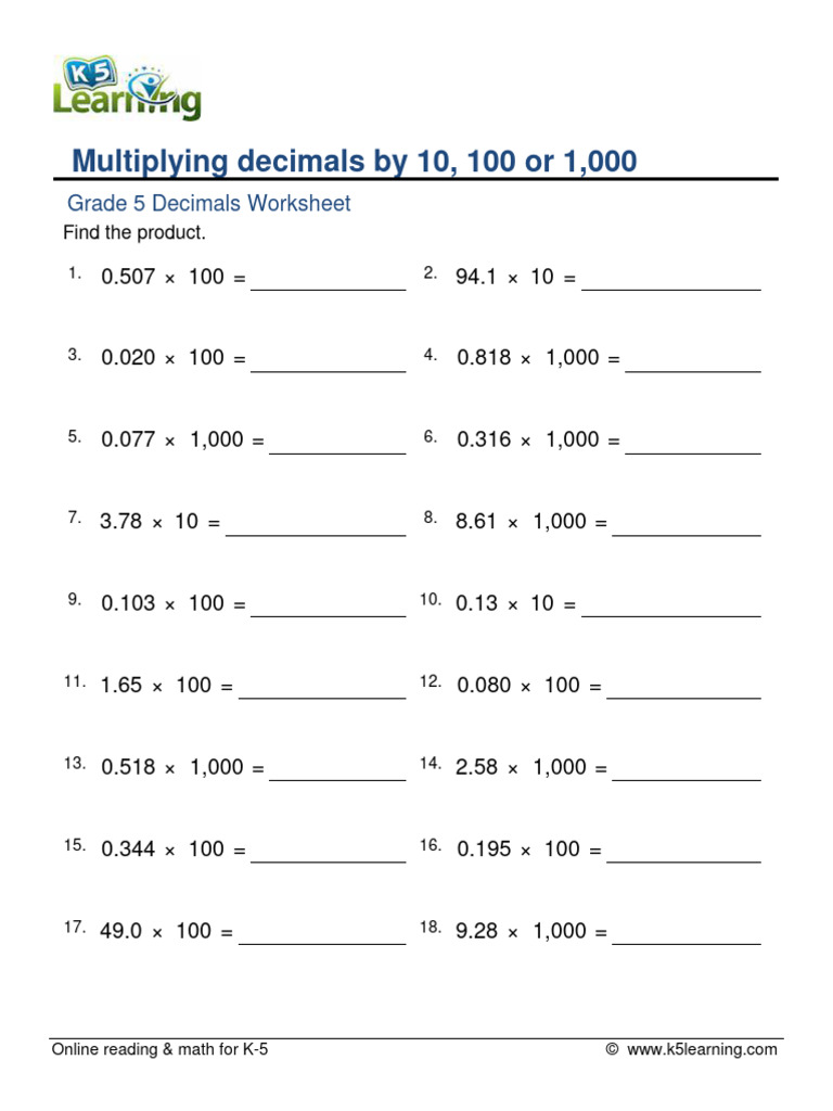 Grade 5 Decimal Multiplication Worksheet | PDF