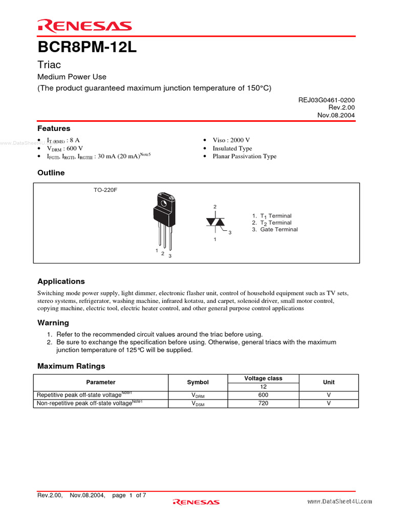 BCR8PM-12L RenesasTechnology | PDF | Thermal Conduction | Electrical ...