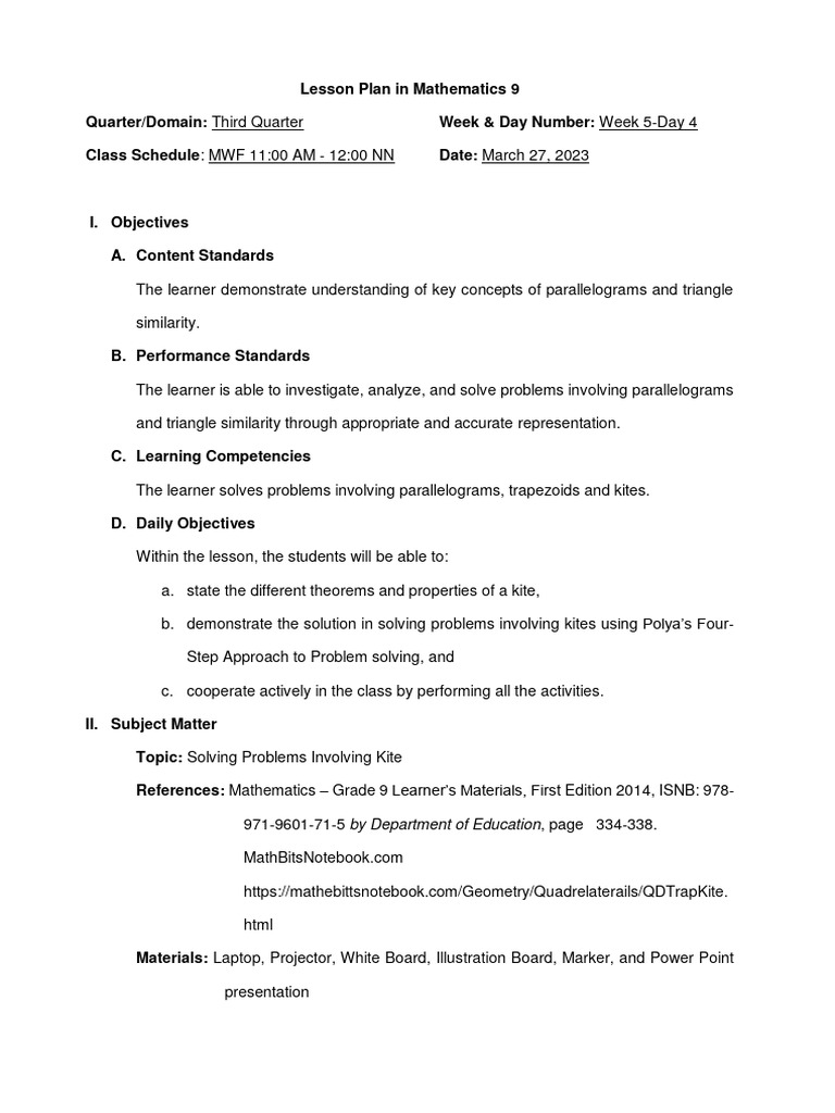4A'S Lesson Plan Solving Problems Involving Kite PDF Geometry