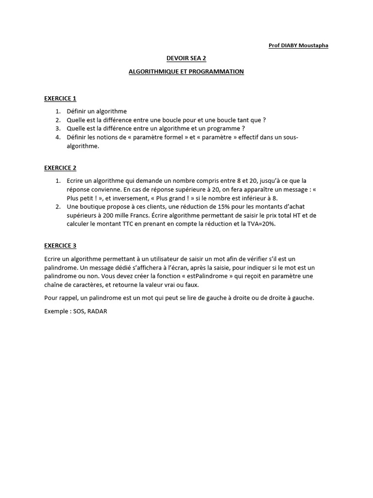 Exercices d'Algorithmique et Programmation | PDF | Ordinateurs