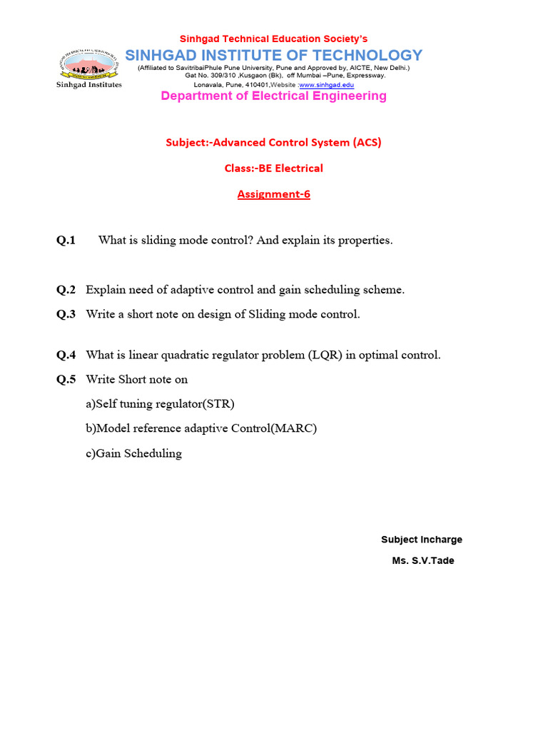 Advanced Control Systems Assignment Guide Pdf