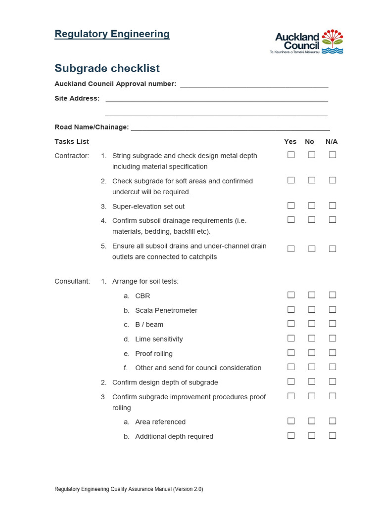 Subgrade Quality Assurance Checklist | PDF | Drainage