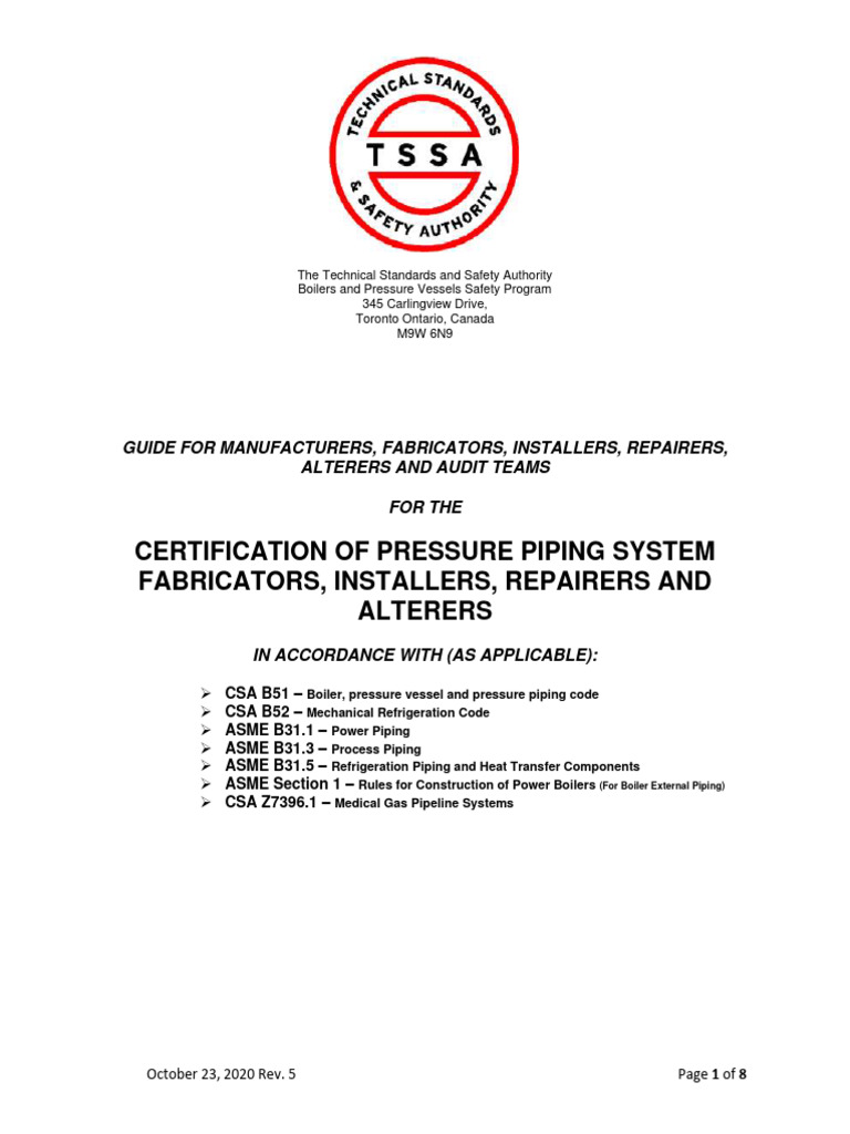 TSSA Certification Guide for Piping Systems | PDF | Nondestructive ...