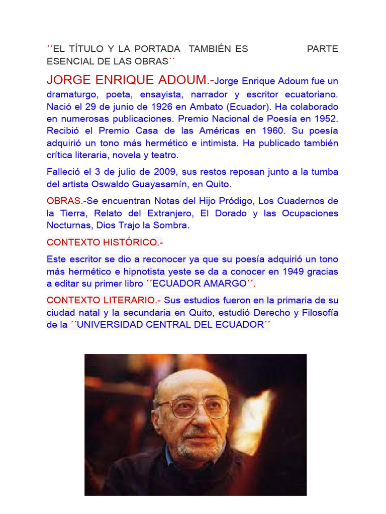 Biografía y obras de Jorge Enrique Adoum | PDF | Arte | Clásicos