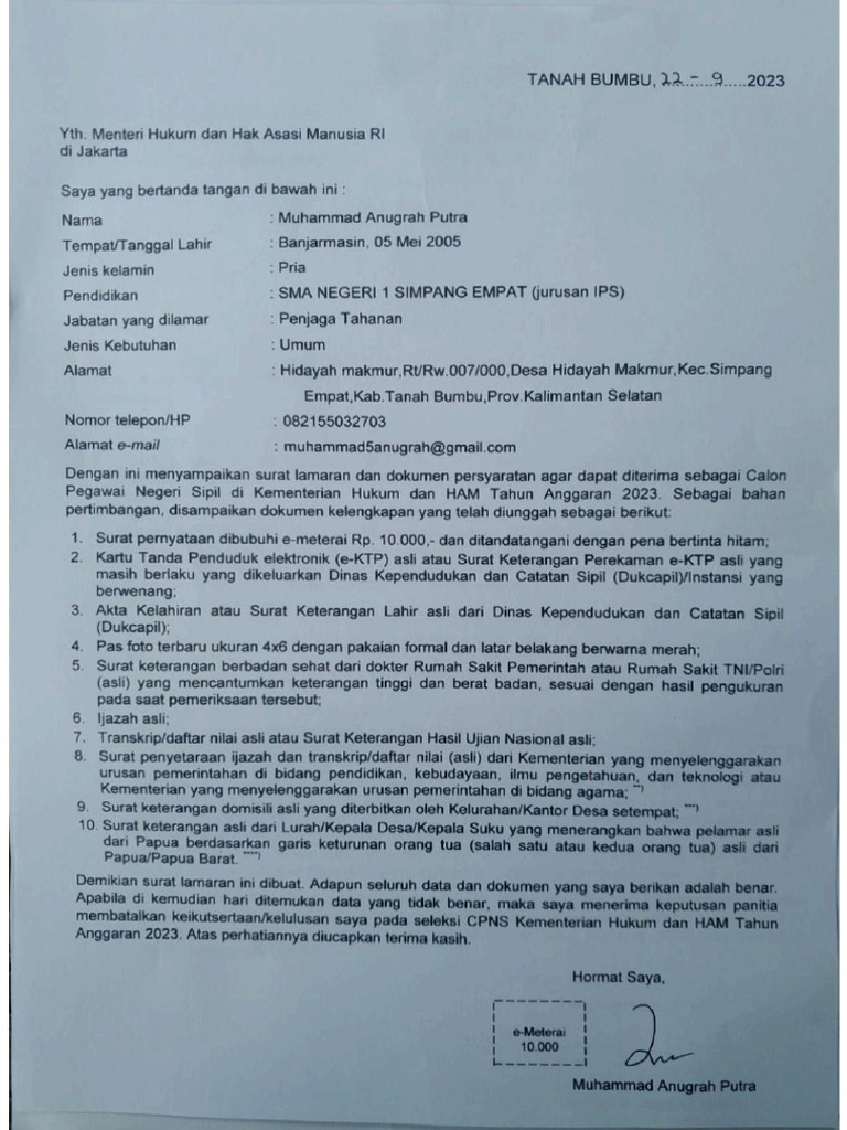 Surat Lamaran Ketik Cpns Kemenkumham PDF