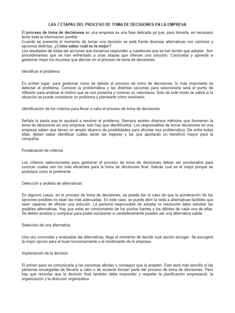7 Etapas en la Toma de Decisiones Empresariales | PDF | Toma de ...