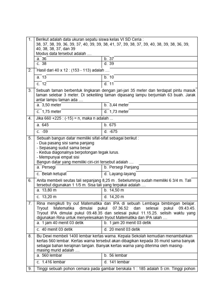 Soal Matematika Kelas 6 SD dan Pembahasan | PDF
