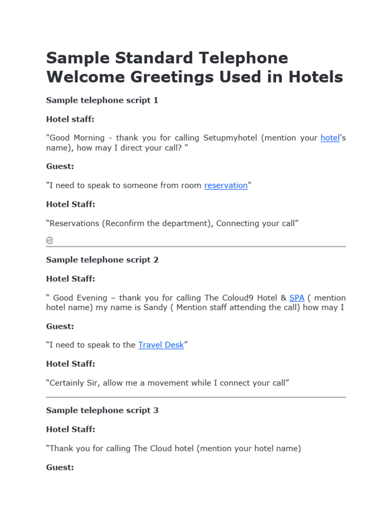 Hotel Telephone Greeting Scripts | PDF