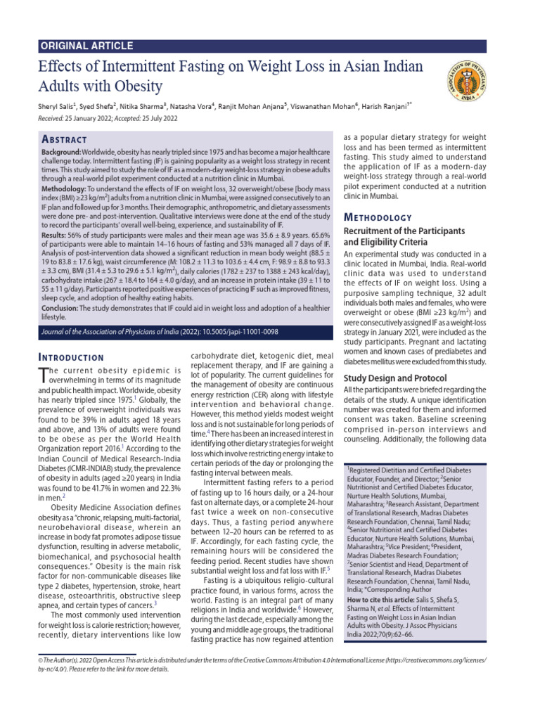 Intermittent Fasting for Weight Loss in Obese Adults | PDF | Obesity ...