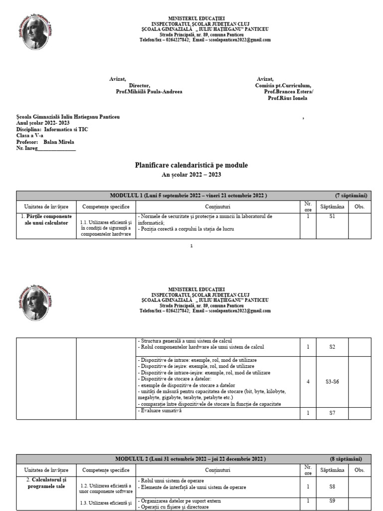 Planificare Pe Module Clasa A V A Informatica | PDF
