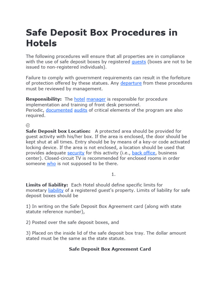 Safe Deposit Box Procedures in Hotels PDF Audit