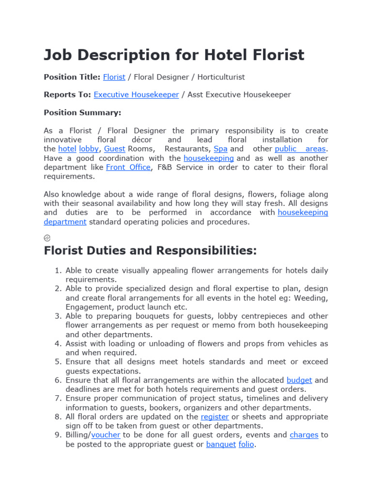Job Description For Hotel Florist PDF Floristry