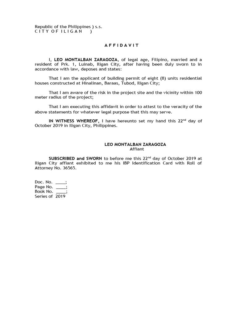 Affidavit for Building Permit in Iligan | PDF