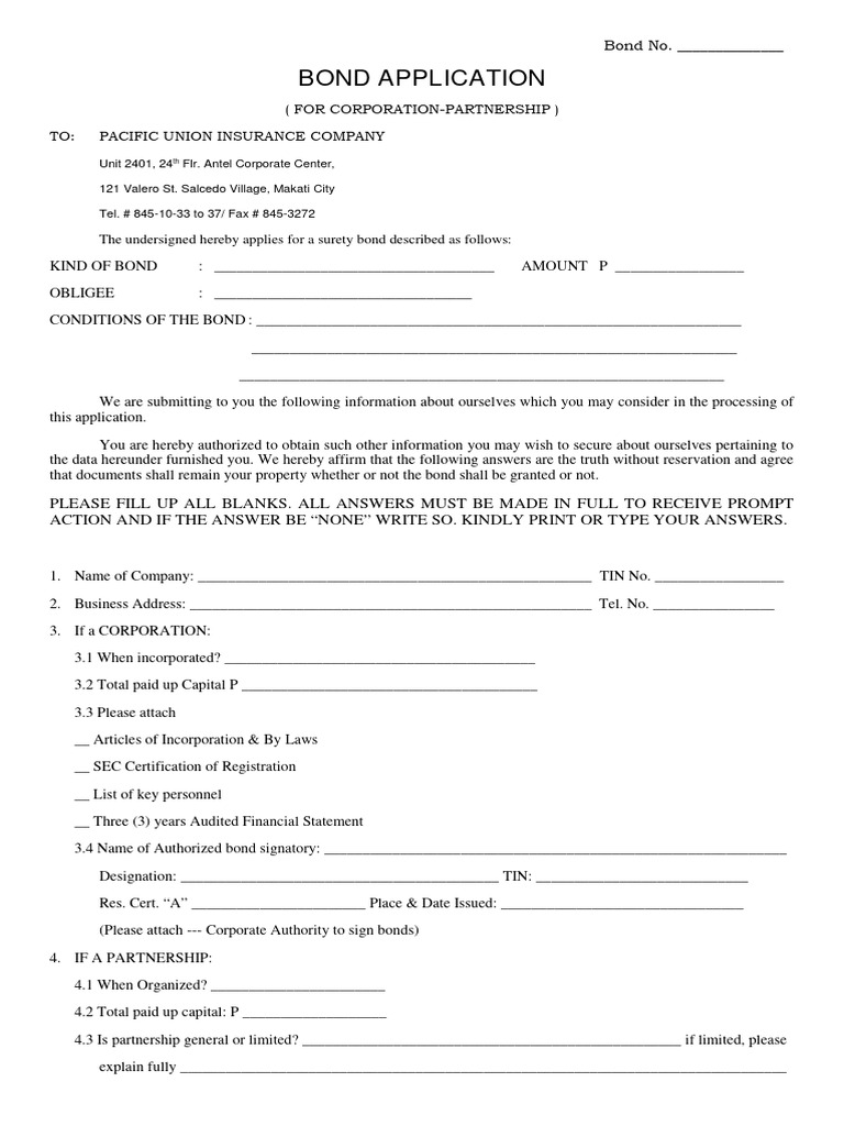 Surety Bond Application Form | PDF | Surety | Line Of Credit
