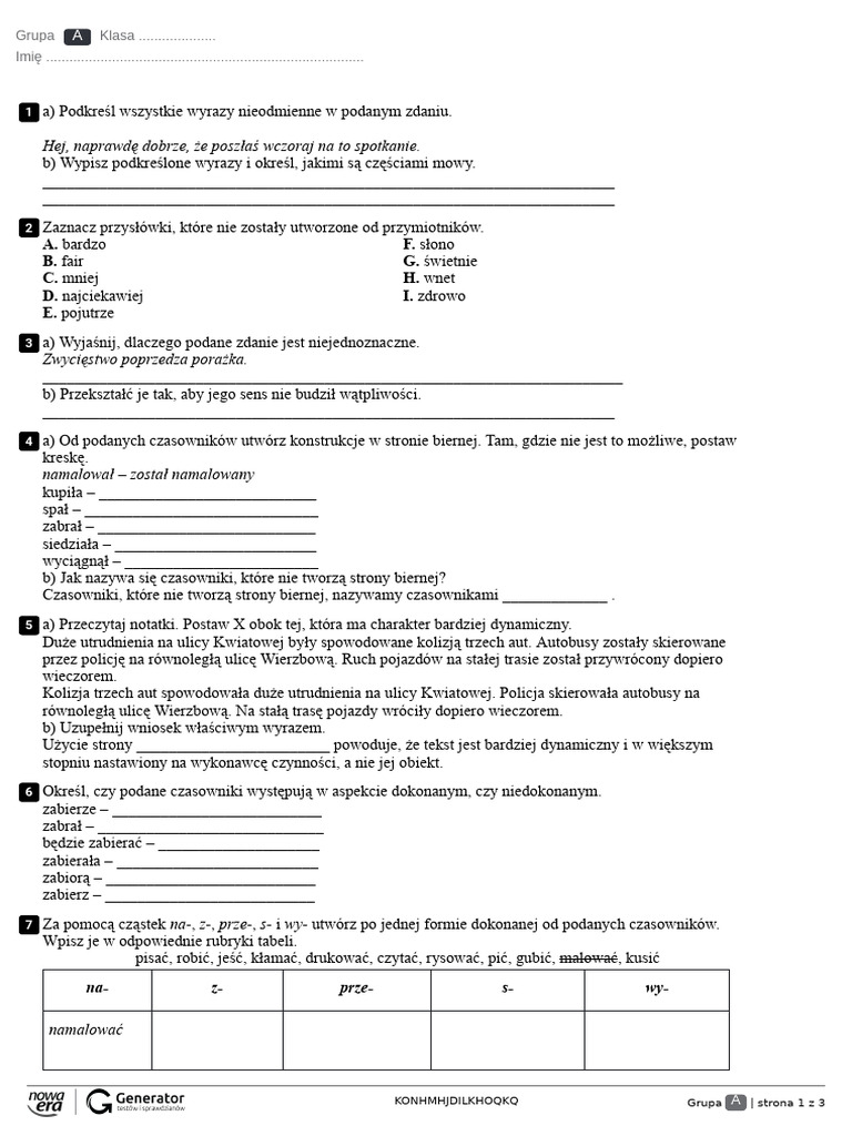 Test Z Czesci Mowy Klasa 5 Odmienne I Nieodmienne Czesci Mowy Test Bez Widocznej Punktacji | PDF