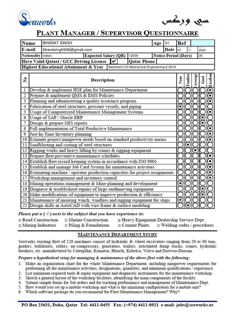Plant Manager Questionnaire Rev 2 PDF Heavy Equipment Engineering