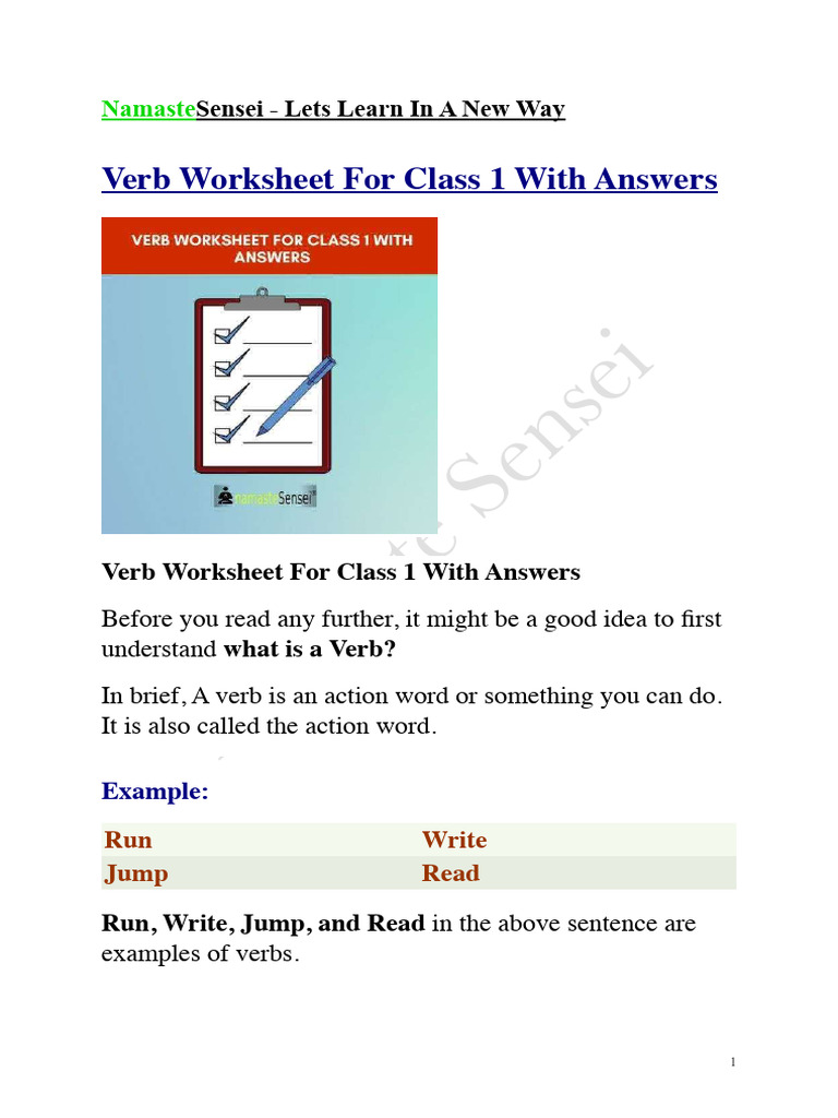 Class 1 Verb Worksheet with Answers | PDF | Linguistics