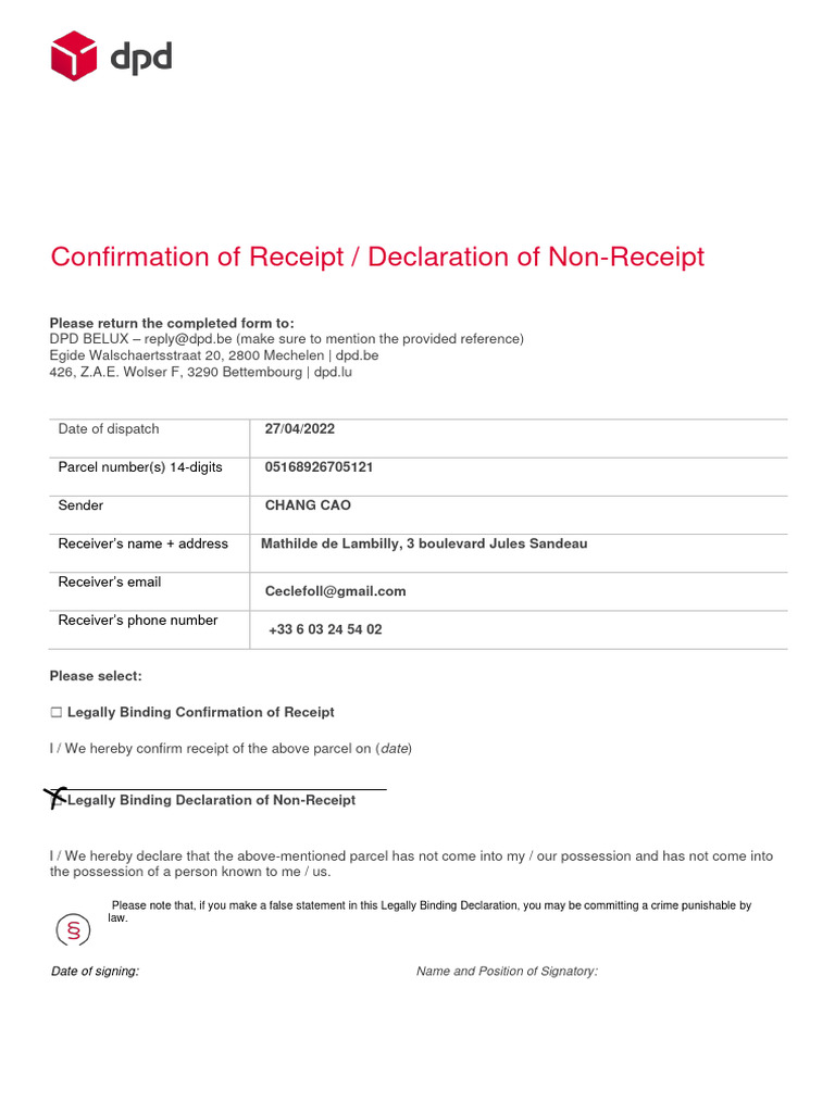 DPD Receipt Confirmation Form | PDF | Business | Finance & Money Management