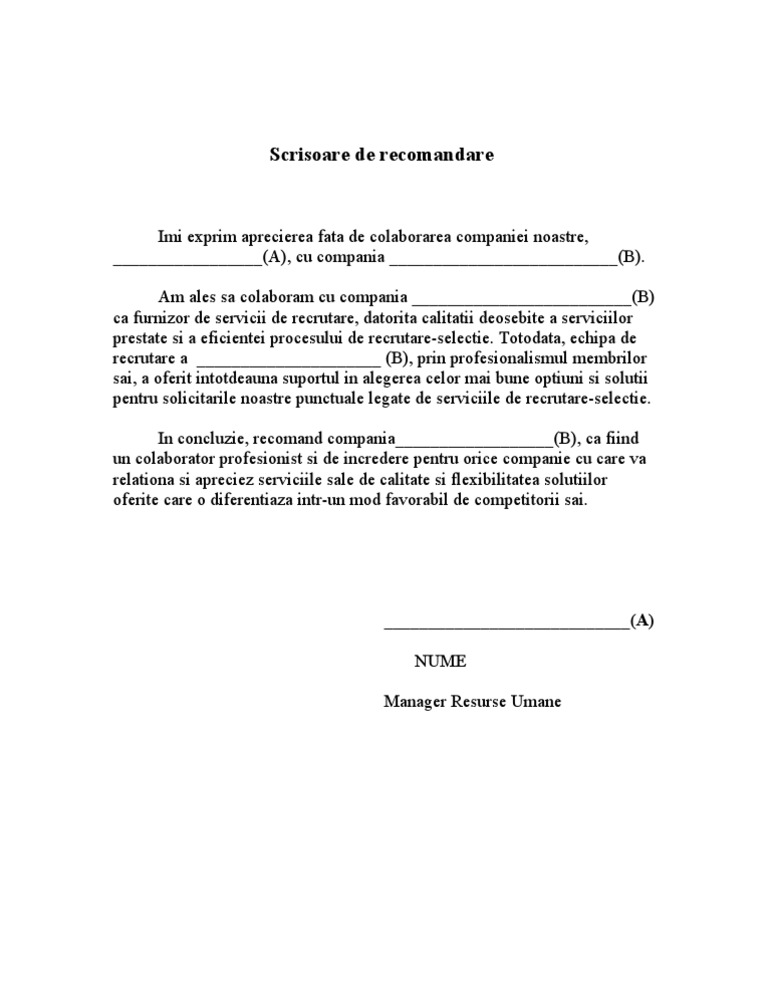 Scrisoare de recomandare FIRMA-FIRMA