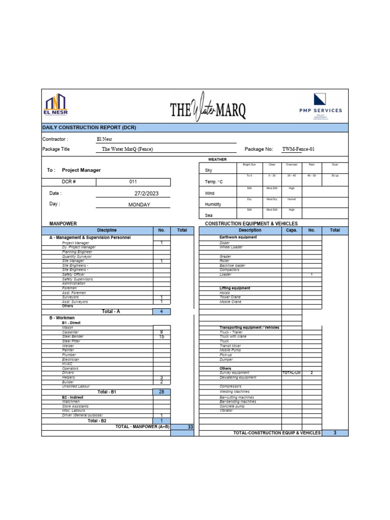 DCR Daily Construction Report 001 PDF Crane (Machine) Loader