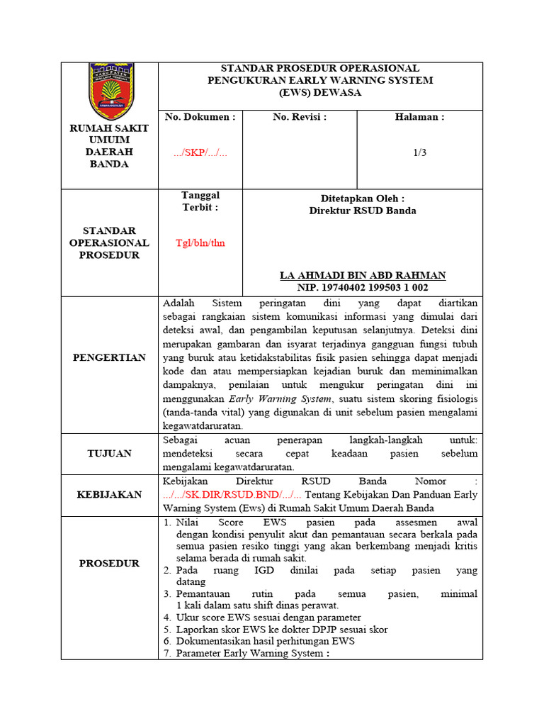 Standar Pap 3.1 Sop Early Warning System (Ews) Desawa PDF