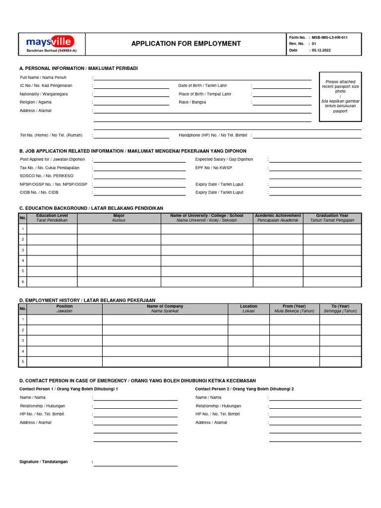 MSB-IMS-L5-HR-011 Rev.01 Application For Employment | PDF