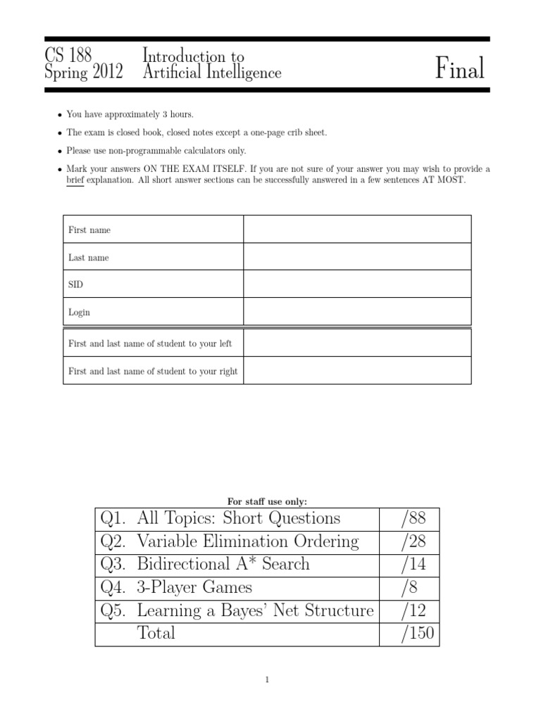 CS 188 AI Final Exam Spring 2012 | PDF | Theoretical Computer Science ...