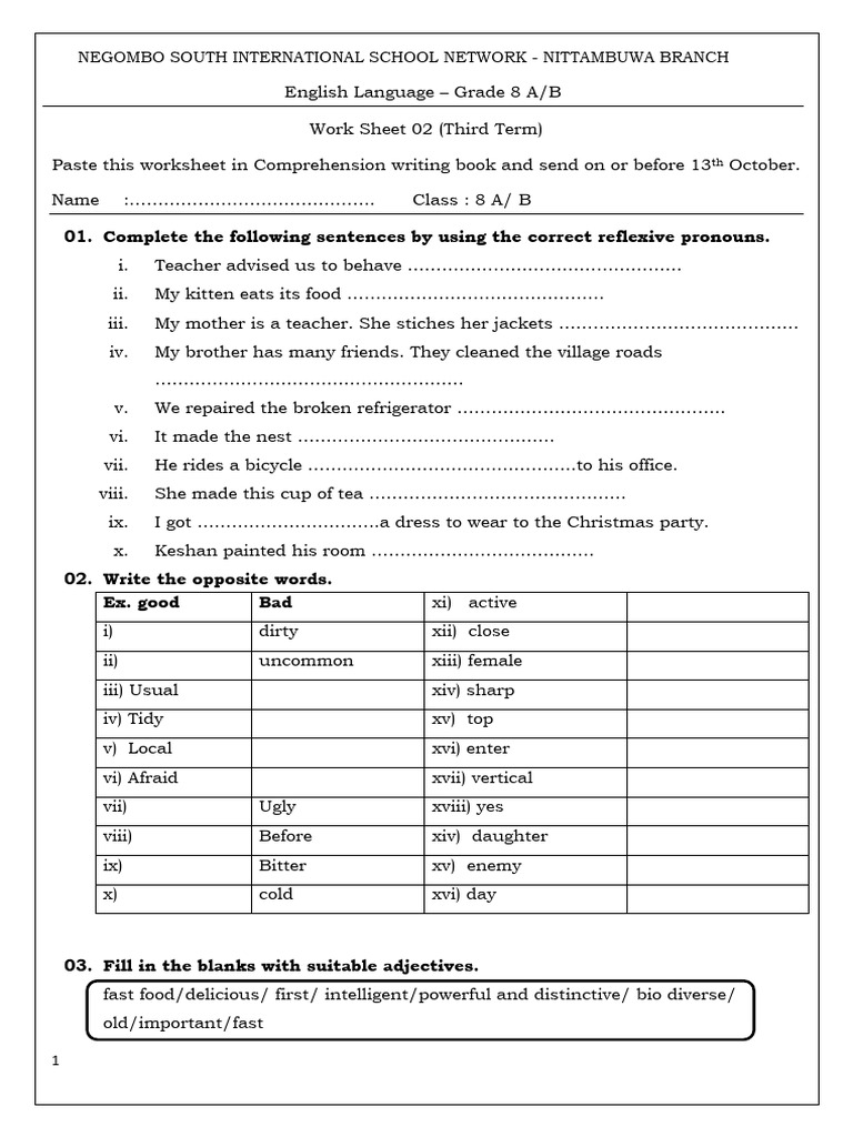 Grade 8 English Worksheet - Reflexive Pronouns | PDF | Grammar | Syntax