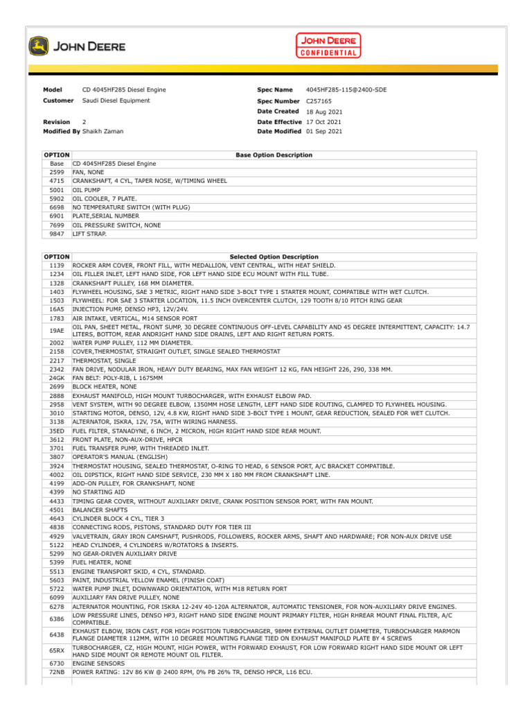 4045HF285 115hp BuildSheet | PDF | Engines | Turbocharger
