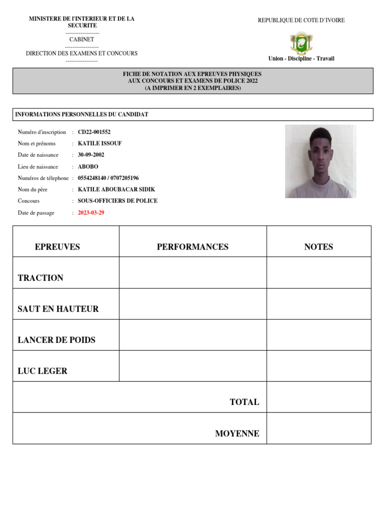 Fiche de Notation Concours Police 2022 | PDF