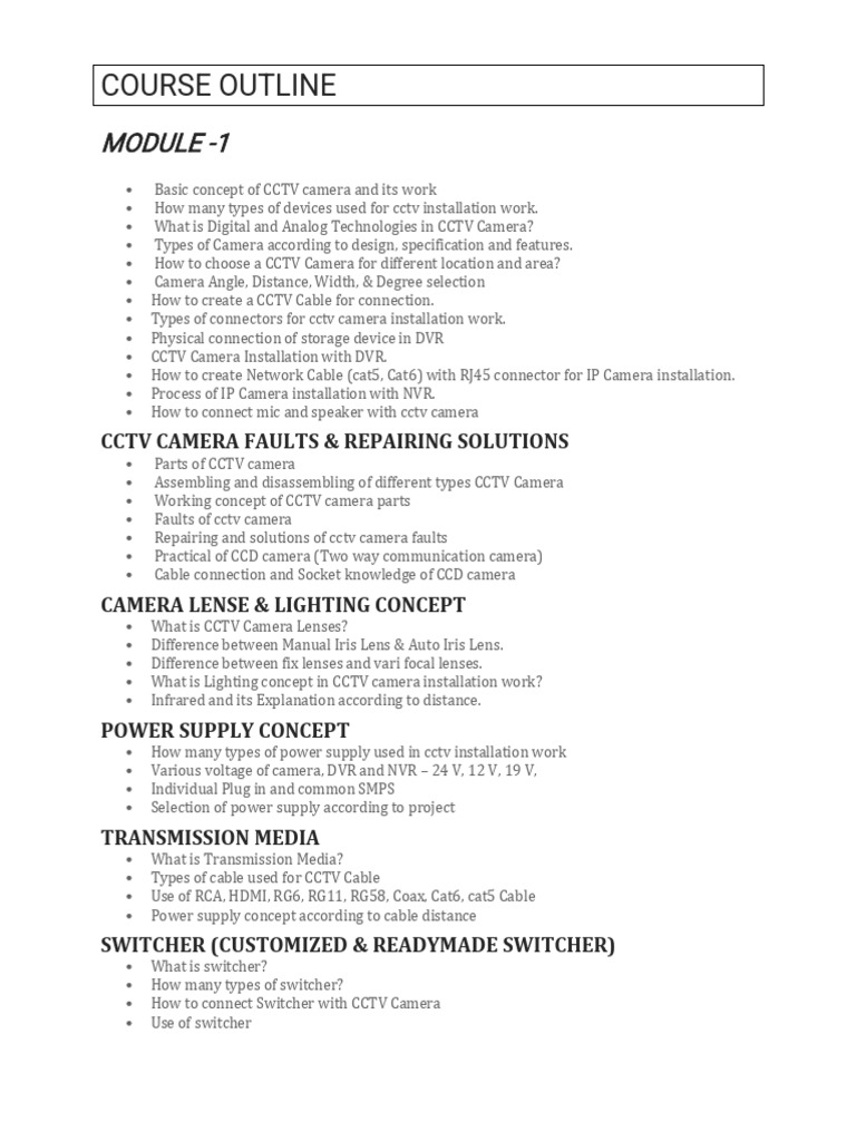 CCTV Course Outline | PDF | Camera | Digital Video Recorder