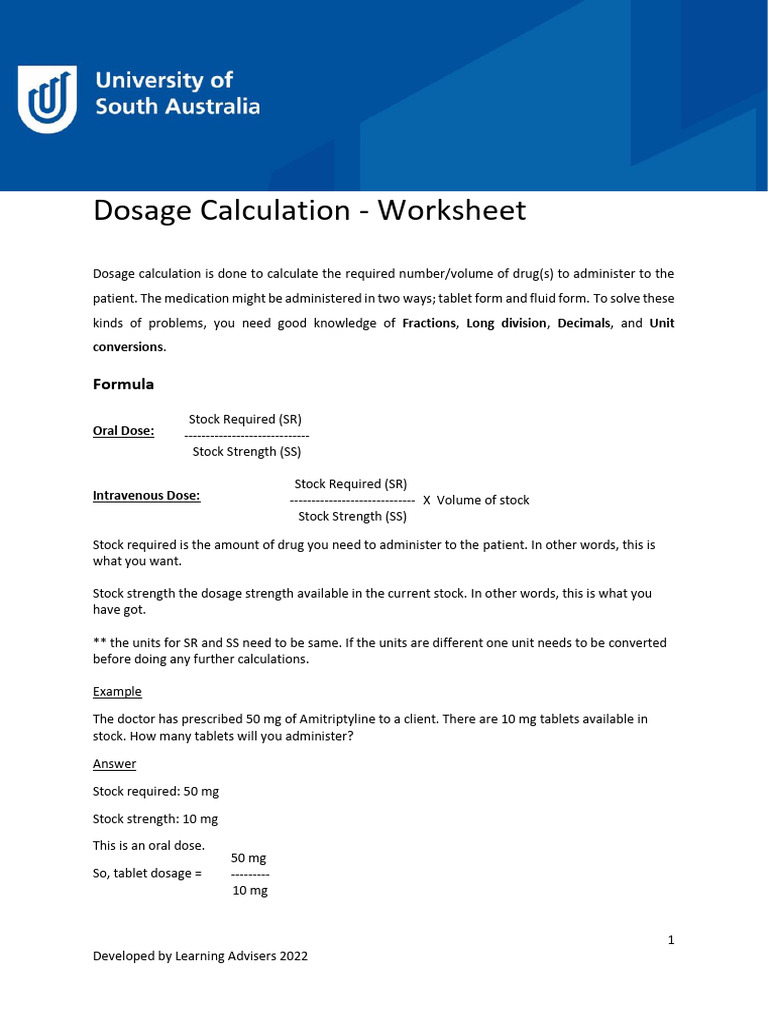 Dosage Calculation Worksheet Guide | PDF | Chemistry | Dose (Biochemistry)